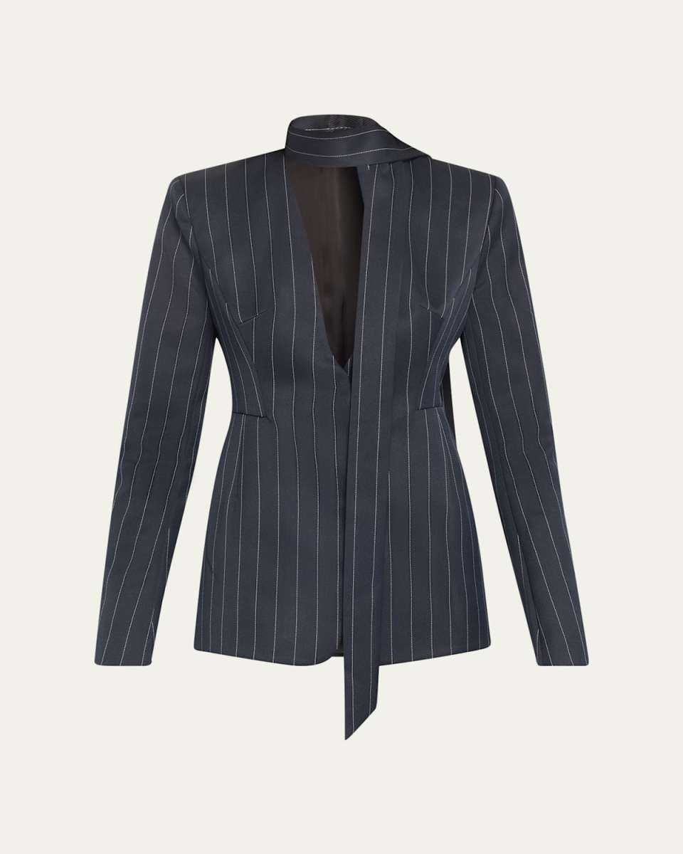 Pinstripe V-Neck Scarf Cutout Blazer Mini Dress